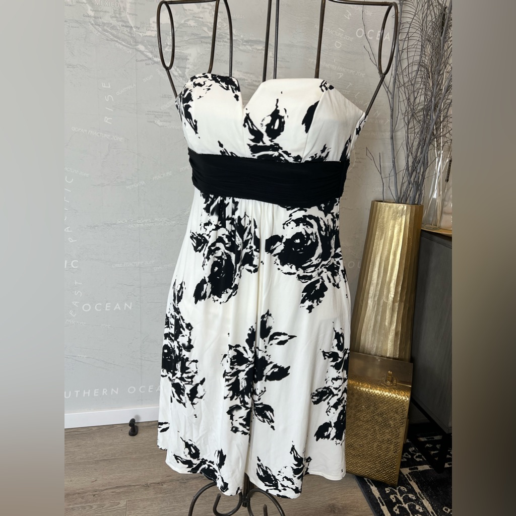Nwt Bari Jay Floral Black White Strapless Formal Dress 14 Deadstock Vintage